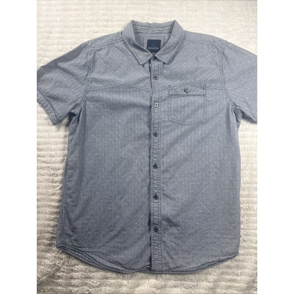 Prana Shirt Mens XL Blue Short Sleeve Button Up Pockets Outdoors Organic Top